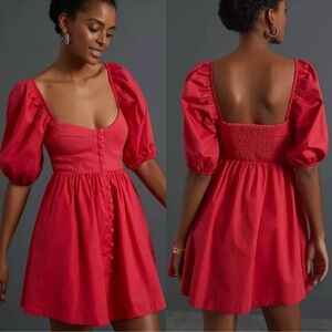 Anthropologie Maeve Puff Sleeve Sweetheart Mini Dress in Red Size XS